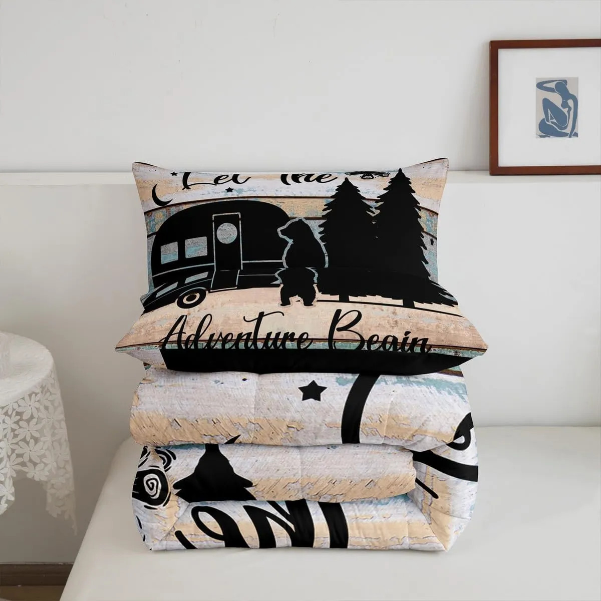 Camper Bedding 3 Pieces, Rustic Farmhouse Style Comforter Set Happy Camping Duvet Insert for Teens Adult Camping Bedding,Black Sketch Drawing Bear Decor Inner Fill Quilted Duvet, Queen Size