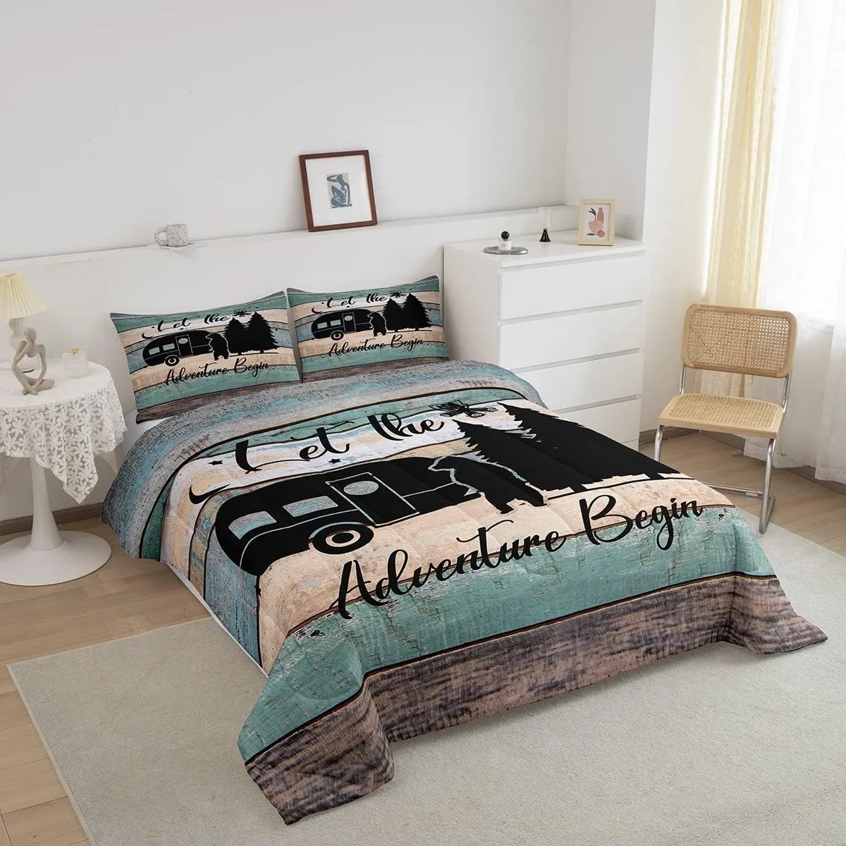 Camper Bedding 3 Pieces, Rustic Farmhouse Style Comforter Set Happy Camping Duvet Insert for Teens Adult Camping Bedding,Black Sketch Drawing Bear Decor Inner Fill Quilted Duvet, Queen Size