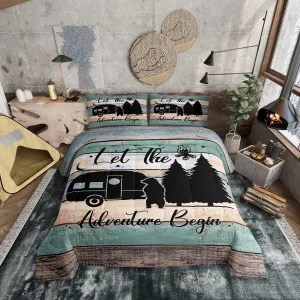 Camper Bedding 3 Pieces, Rustic Farmhouse Style Comforter Set Happy Camping Duvet Insert for Teens Adult Camping Bedding,Black Sketch Drawing Bear Decor Inner Fill Quilted Duvet, Queen Size