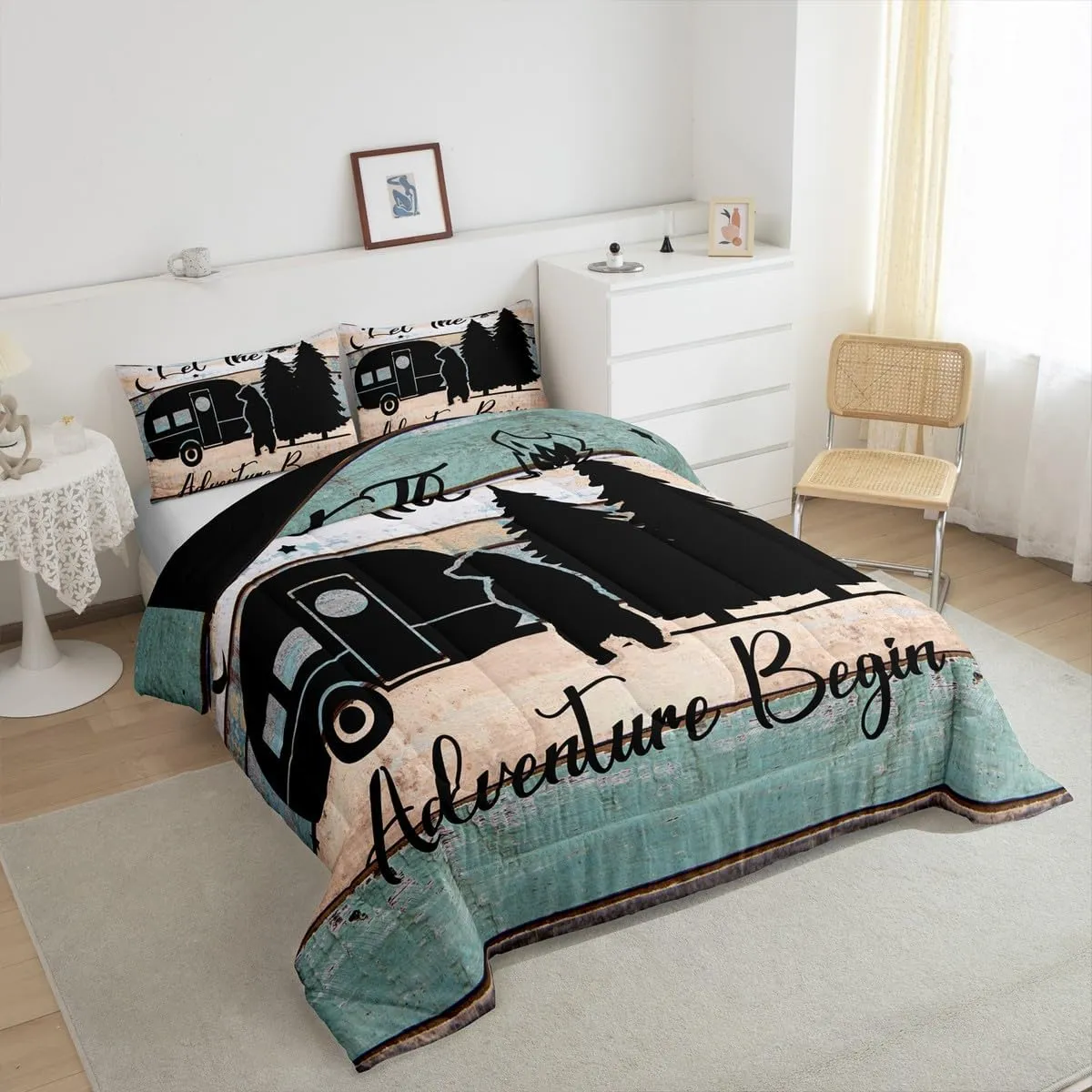 Camper Bedding 3 Pieces, Rustic Farmhouse Style Comforter Set Happy Camping Duvet Insert for Teens Adult Camping Bedding,Black Sketch Drawing Bear Decor Inner Fill Quilted Duvet, Queen Size