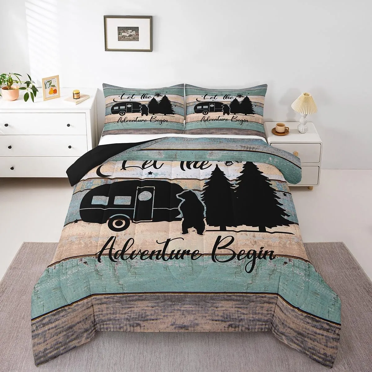 Camper Bedding 3 Pieces, Rustic Farmhouse Style Comforter Set Happy Camping Duvet Insert for Teens Adult Camping Bedding,Black Sketch Drawing Bear Decor Inner Fill Quilted Duvet, Queen Size