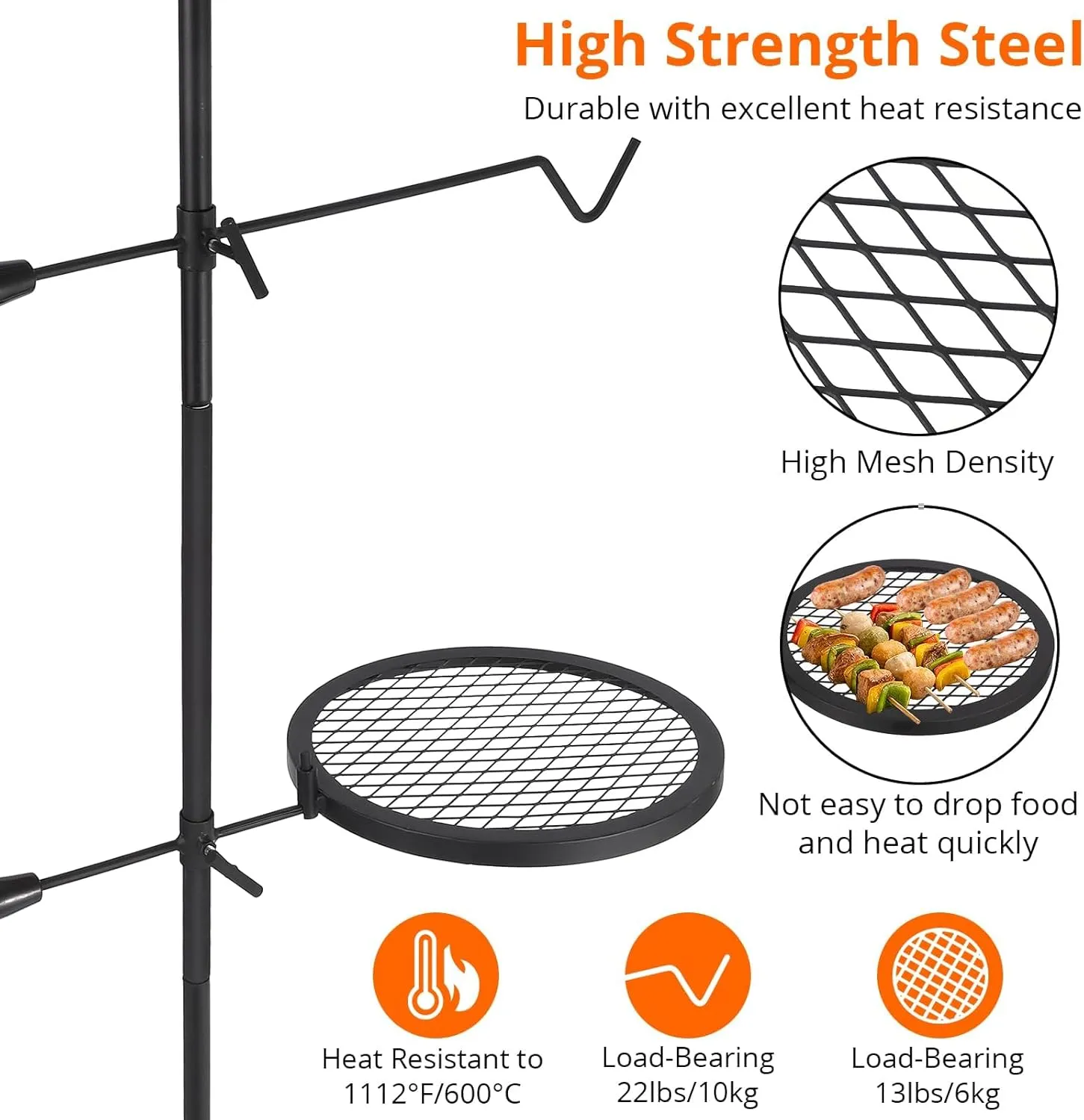 Campfire Grill Grate,24.4"x24.4" Open Fire Grill Portable Camping Grill Stand & Camp Garbage Rack Durable Heavy-Duty Steel for Outdoor Cooking, BBQ & Backyard Grilling