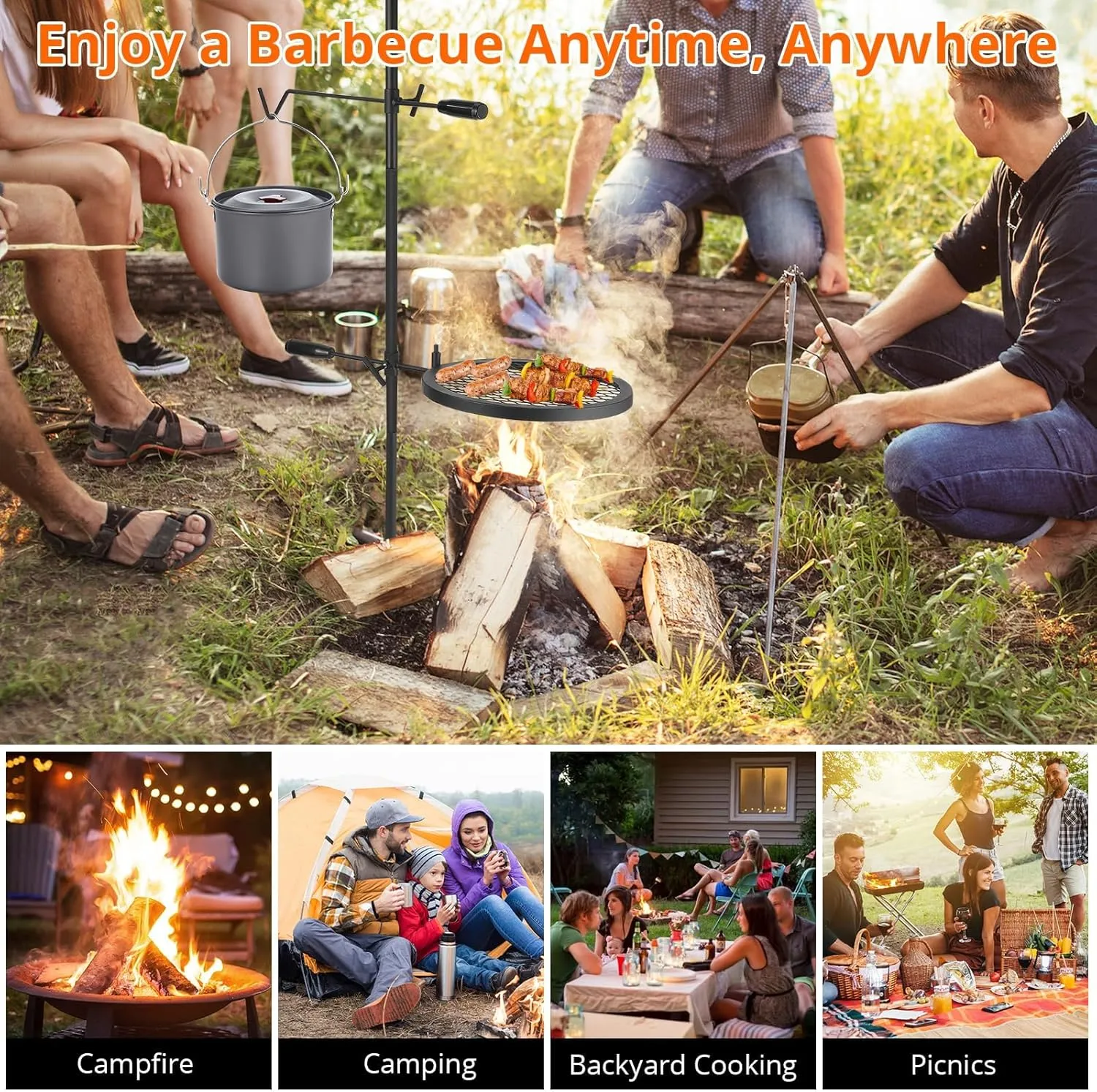 Campfire Grill Grate,24.4"x24.4" Open Fire Grill Portable Camping Grill Stand & Camp Garbage Rack Durable Heavy-Duty Steel for Outdoor Cooking, BBQ & Backyard Grilling
