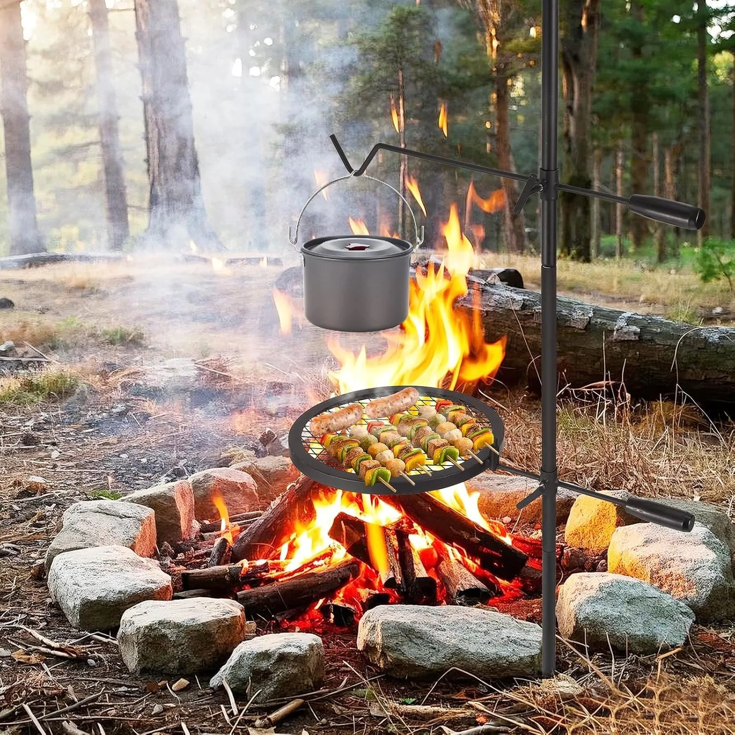 Campfire Grill Grate,24.4"x24.4" Open Fire Grill Portable Camping Grill Stand & Camp Garbage Rack Durable Heavy-Duty Steel for Outdoor Cooking, BBQ & Backyard Grilling