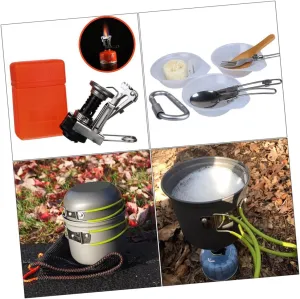Camping Cooking Kit for 1-2 Portable Cooking Set Non-Stick Pot Pan Bowl Spoon Stove Ignition Mesh Storage Bag