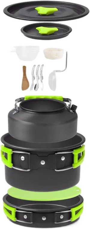 Camping Cooking Ware Set Camping Stove Cookware Kit Aluminum Pot Pan Kettle Set with Bowls Knife Fork Spoon Carabiner Spatula Cutting Board for Hiking Picnic Outdoor