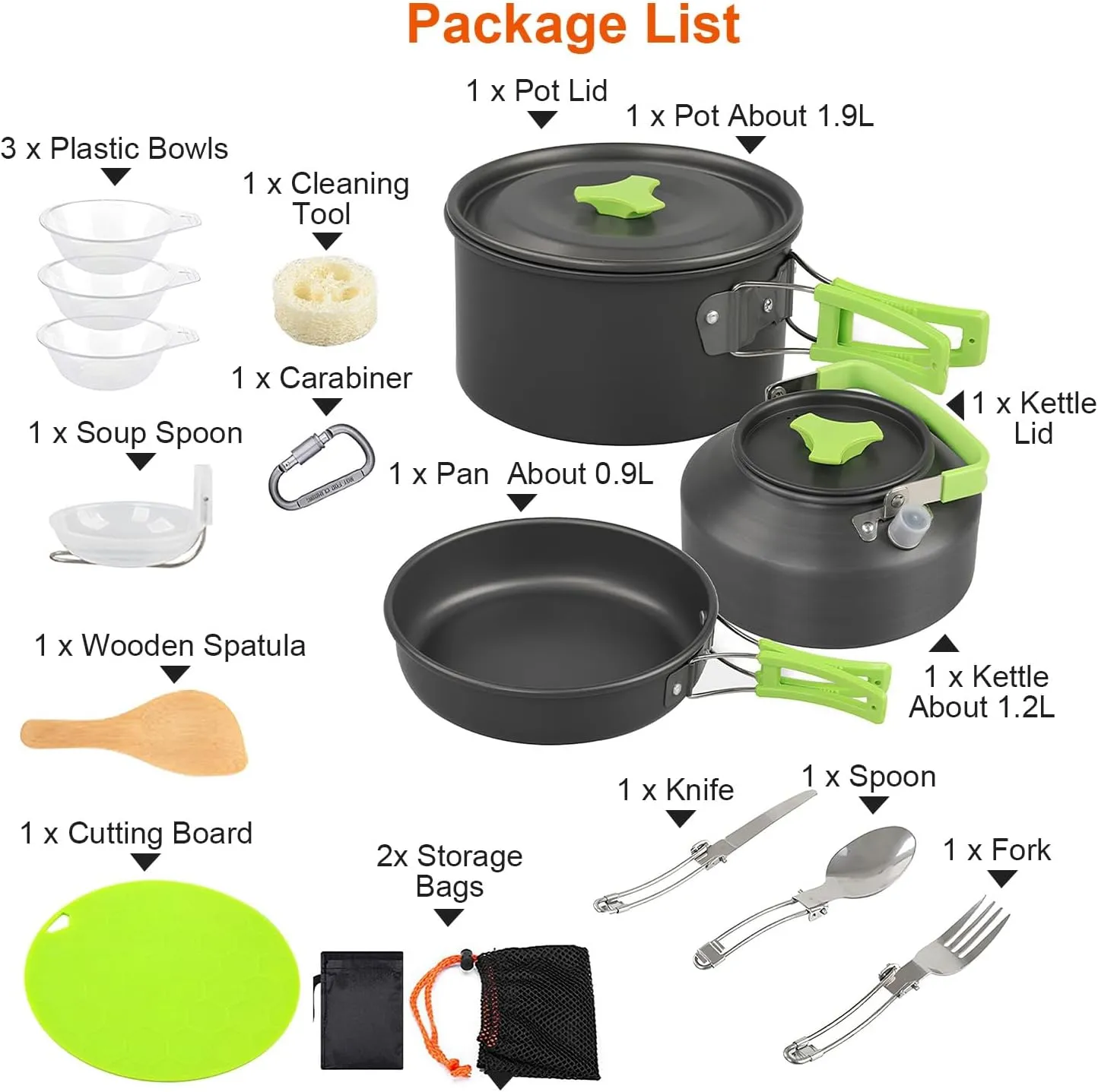 Camping Cooking Ware Set Camping Stove Cookware Kit Aluminum Pot Pan Kettle Set with Bowls Knife Fork Spoon Carabiner Spatula Cutting Board for Hiking Picnic Outdoor
