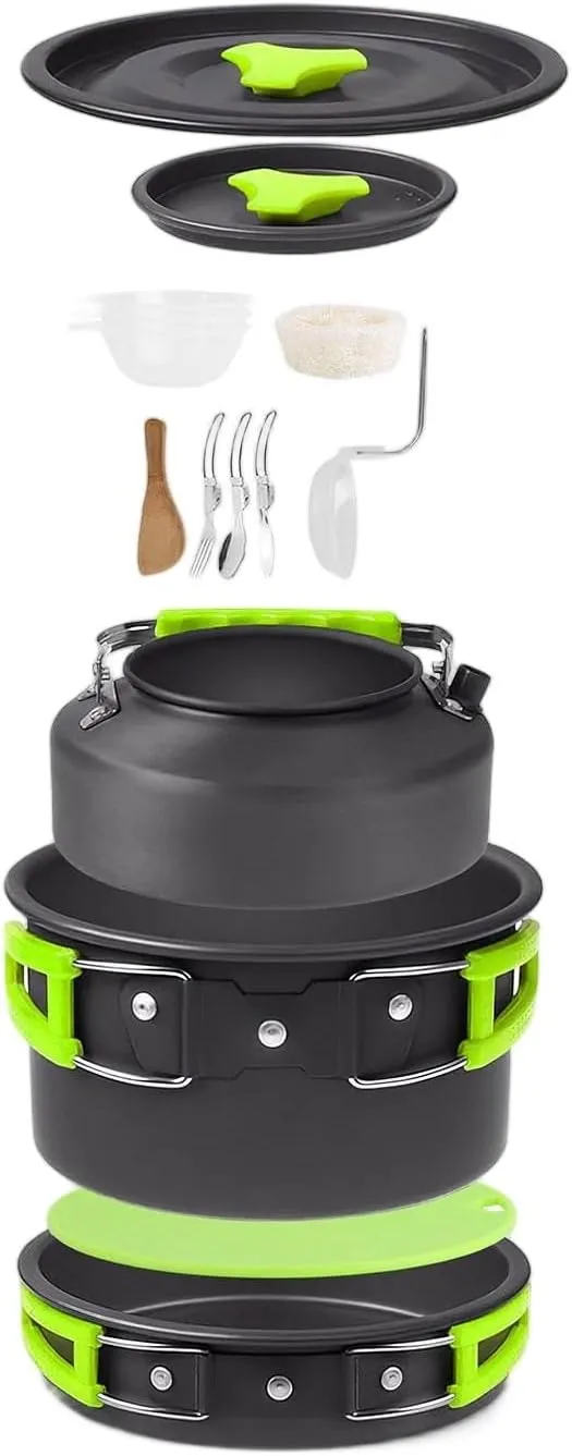 Camping Cooking Ware Set Camping Stove Cookware Kit Aluminum Pot Pan Kettle Set with Bowls Knife Fork Spoon Carabiner Spatula Cutting Board for Hiking Picnic Outdoor