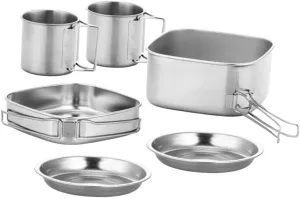 Camping Hiking Cookware Kit Stainless Steel Pot Pan Plates Cups Multipurpose Outdoor Cooking Equipment