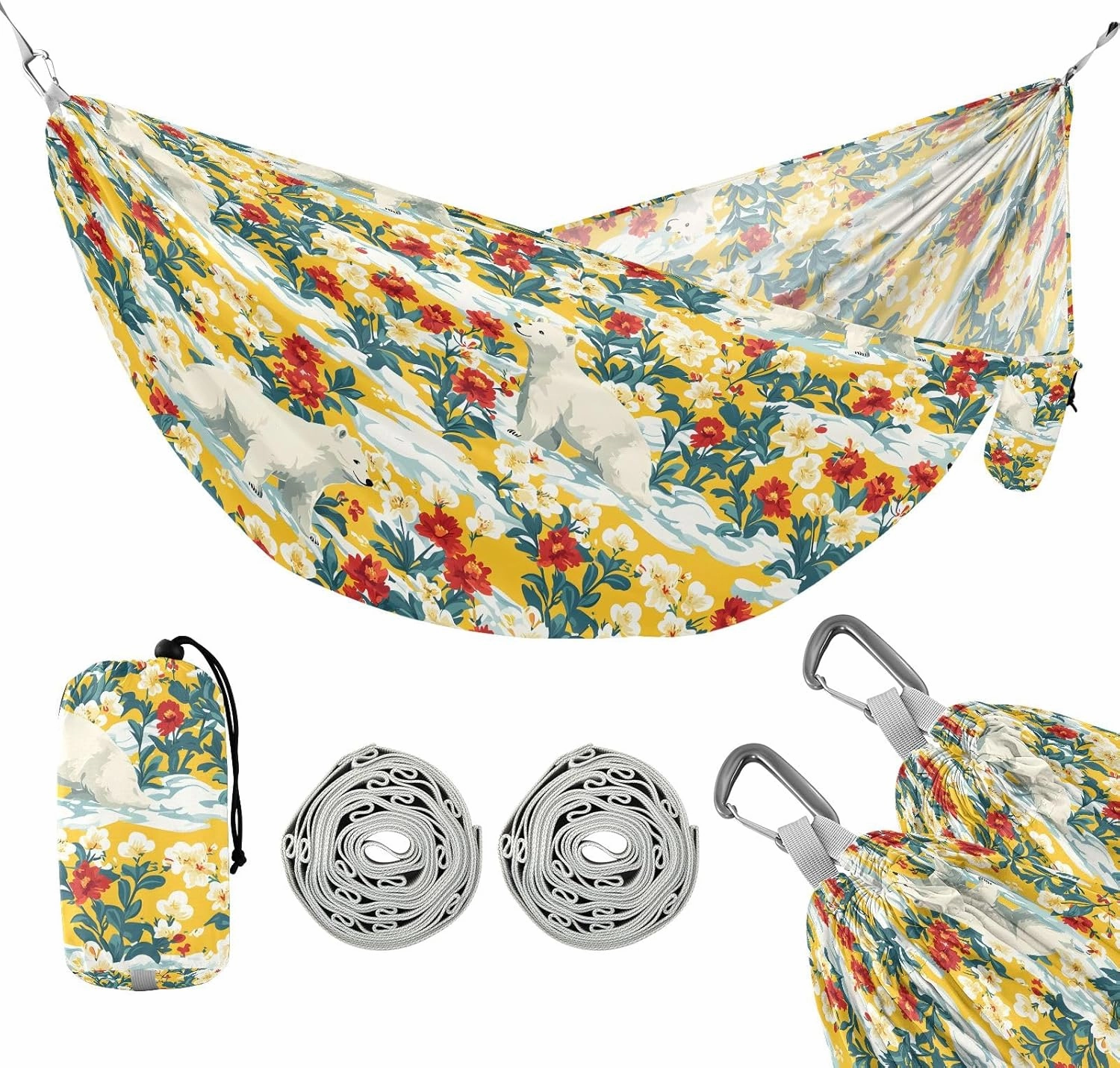 Camping Hammock Outdoor Hammocks for Outside Polar Bear Flower Beach Trees Portable Lightweight with Pockets Tree Straps Indoor