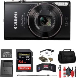Canon PowerShot ELPH 360 HS Digital Camera (Black) (1075C001)   64GB Memory Card   Case   Card Reader   Flex Tripod   Memory Wallet   Cap Keeper   Cleaning Kit (Renewed)