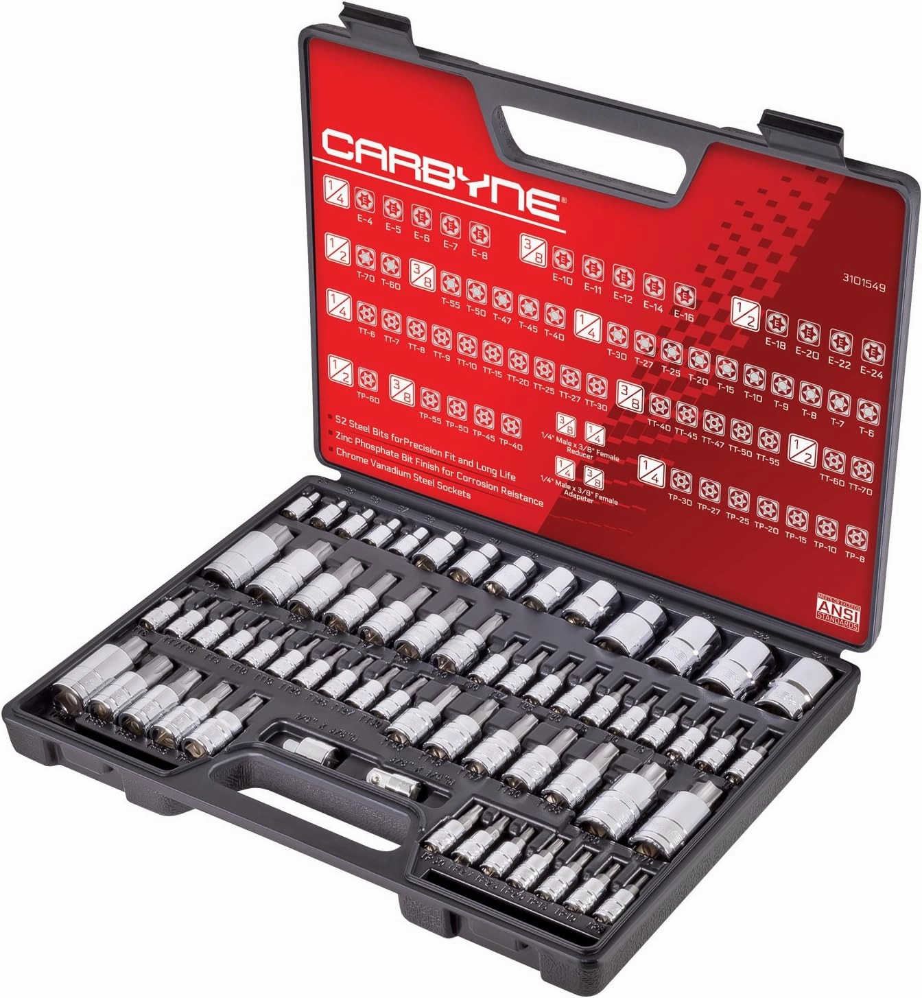 CARBYNE Master Torx Bit Socket Set & External Torx (eTorx, Female Torx) Socket Set, 62 Pieces | Includes Torx T6-T70, Tamper TT6-TT70, Torx Plus TP8-TP60, E4-E24| S2 Bits, CrV Sockets, Durable Case