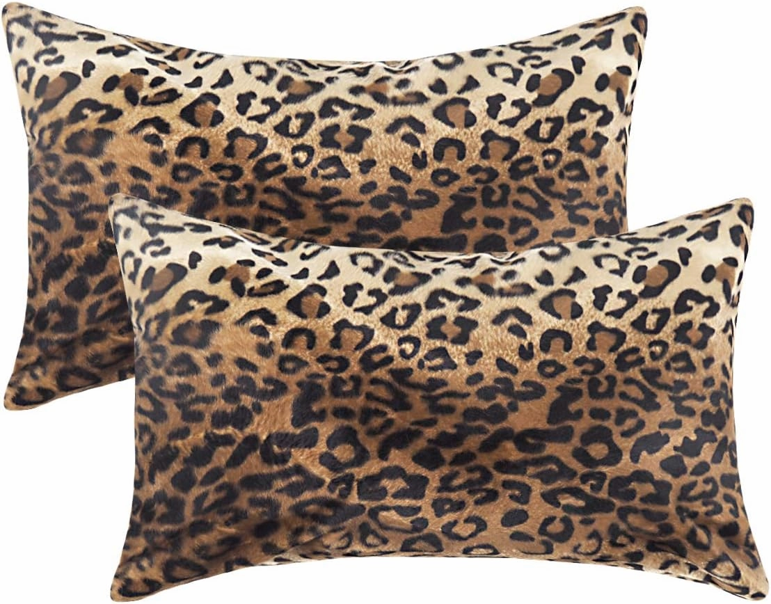 CARRIE HOME Soft Plush Leopard Print Faux Fur Lumbar Pillow Covers for Home Couch Sofa (Set of 2, 12x20 inch)