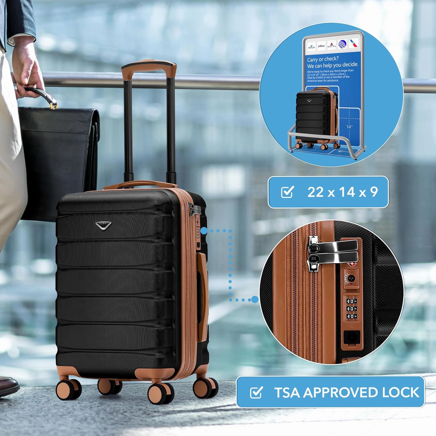 Carry On Suitcase 22x14x9 Hardside Built In TSA Lock & USB Port Lightweight Luggage Silent Double Spinner Wheels Maximum Overhead Carry-On Bag For American & United Approved Airlines
