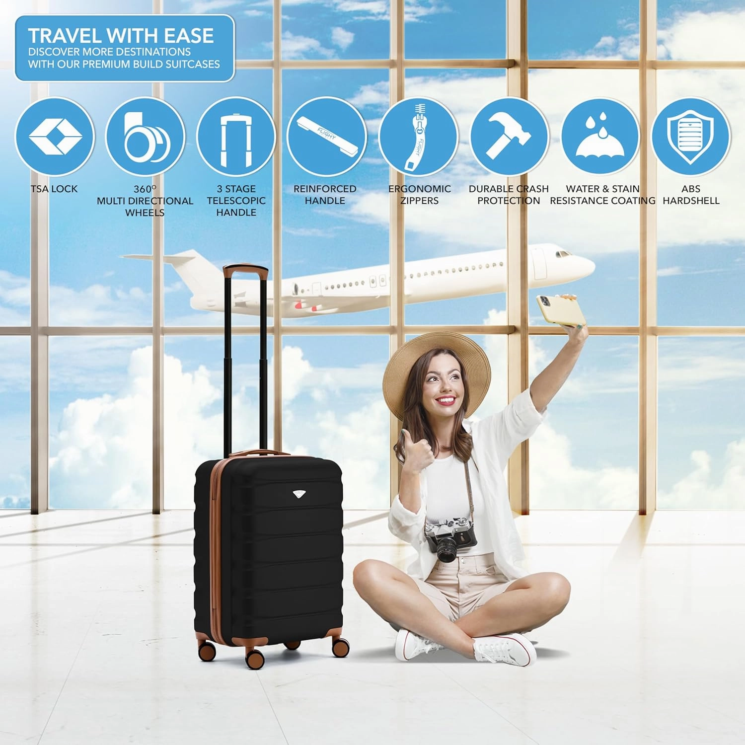Carry On Suitcase 22x14x9 Hardside Built In TSA Lock & USB Port Lightweight Luggage Silent Double Spinner Wheels Maximum Overhead Carry-On Bag For American & United Approved Airlines