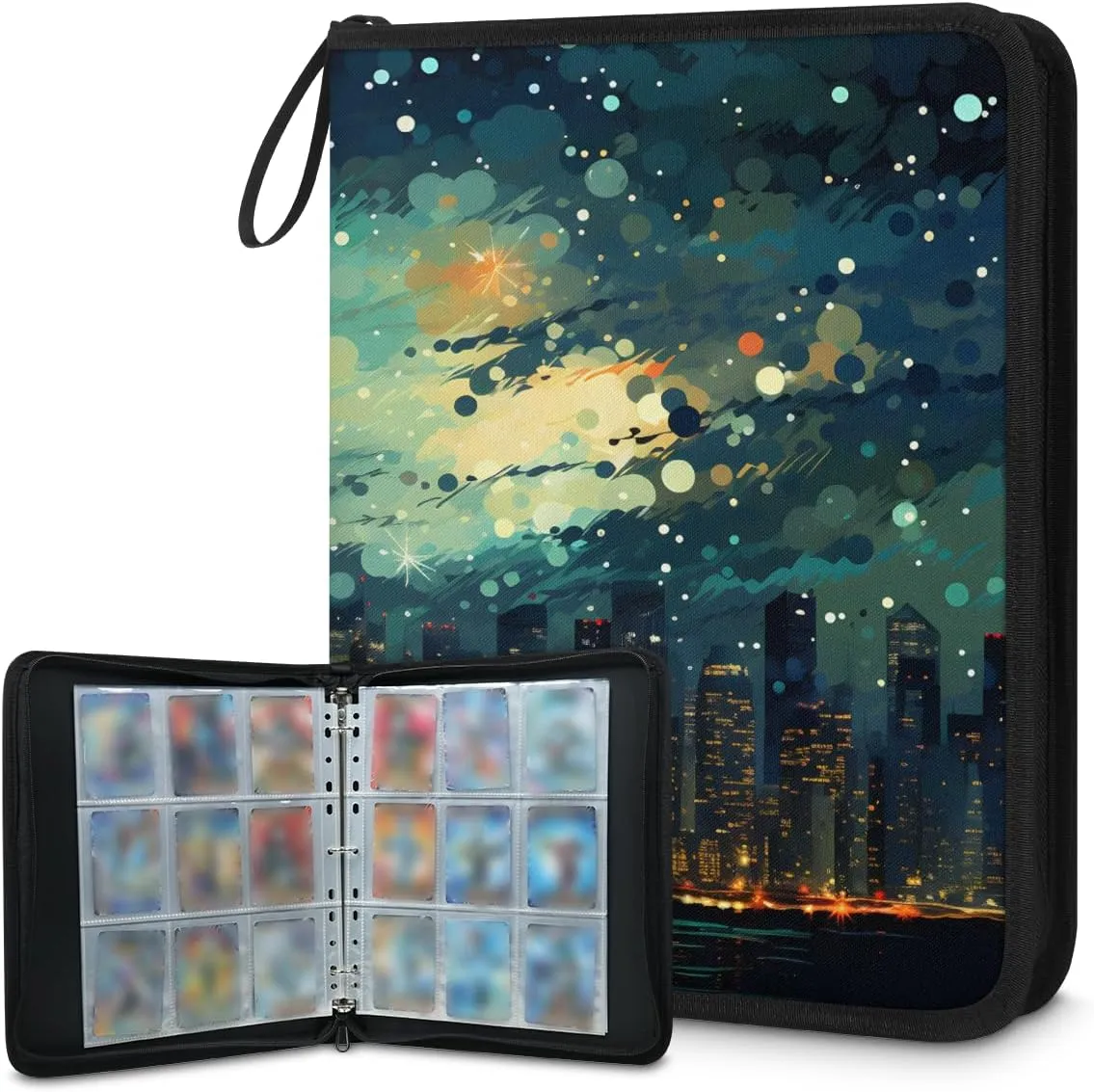 Cartoon City Nights 3 Ring Trading Zipper Binder Strap, Trading Card Binder 9 Pocket, 900 Pockets Card Holder with 50 Removable Sleeves for Game Cards