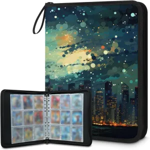 Cartoon City Nights 3 Ring Trading Zipper Binder Strap, Trading Card Binder 9 Pocket, 900 Pockets Card Holder with 50 Removable Sleeves for Game Cards