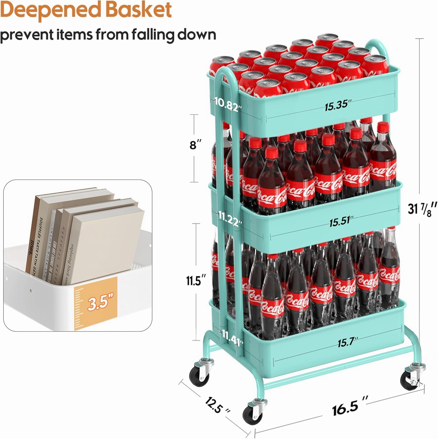 Ceayell 3-Tier Metal Rolling Storage Cart Heavy Duty Utility Cart Organizer with Lockable Wheels (Turquoise)