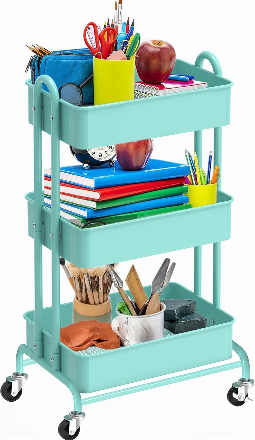 Ceayell 3-Tier Metal Rolling Storage Cart Heavy Duty Utility Cart Organizer with Lockable Wheels (Turquoise)