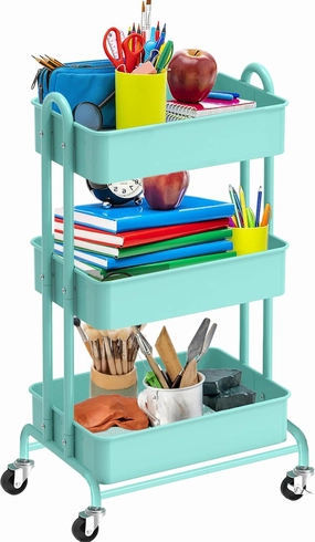 Ceayell 3-Tier Metal Rolling Storage Cart Heavy Duty Utility Cart Organizer with Lockable Wheels (Turquoise)