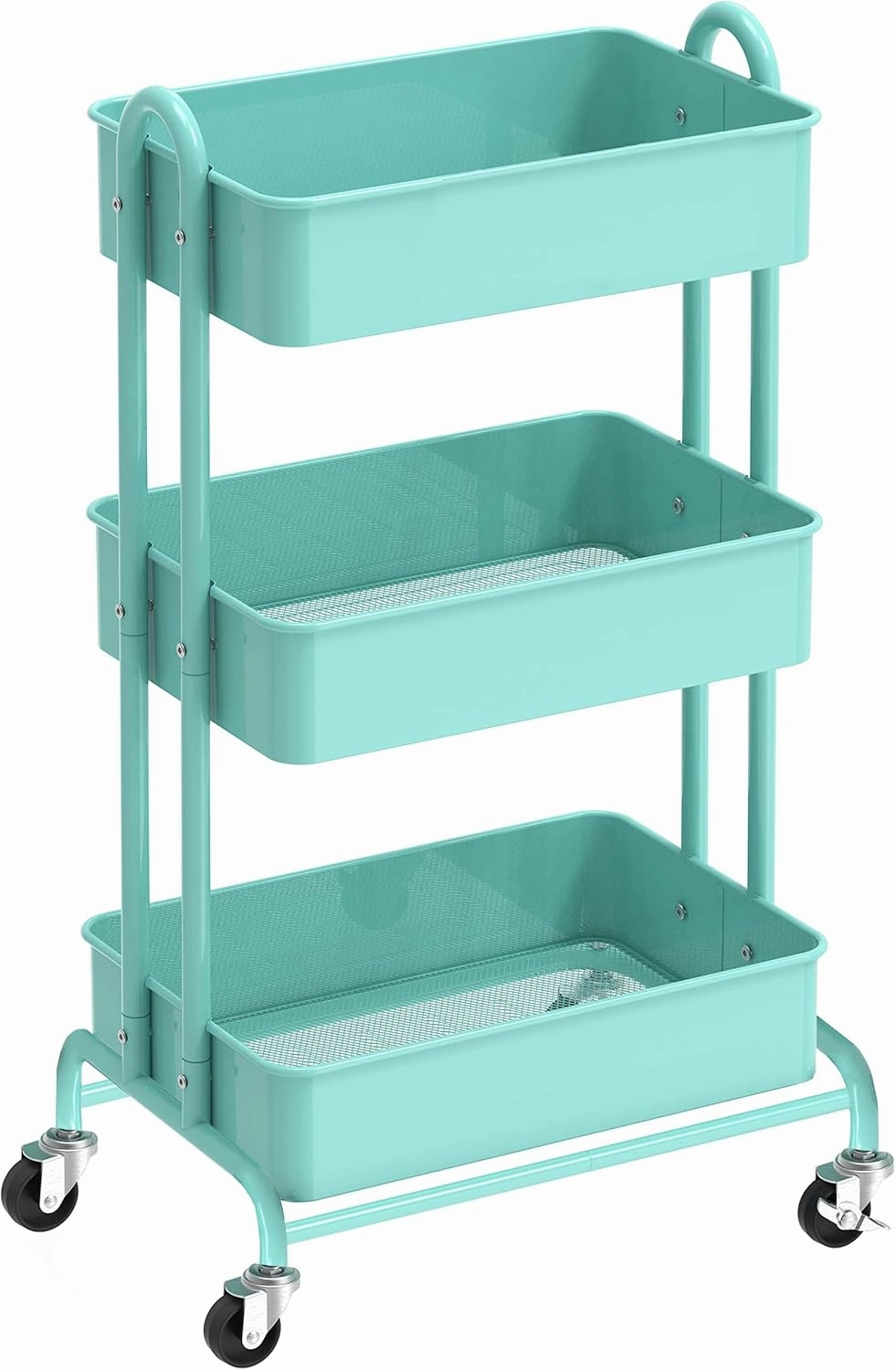 Ceayell 3-Tier Metal Rolling Storage Cart Heavy Duty Utility Cart Organizer with Lockable Wheels (Turquoise)