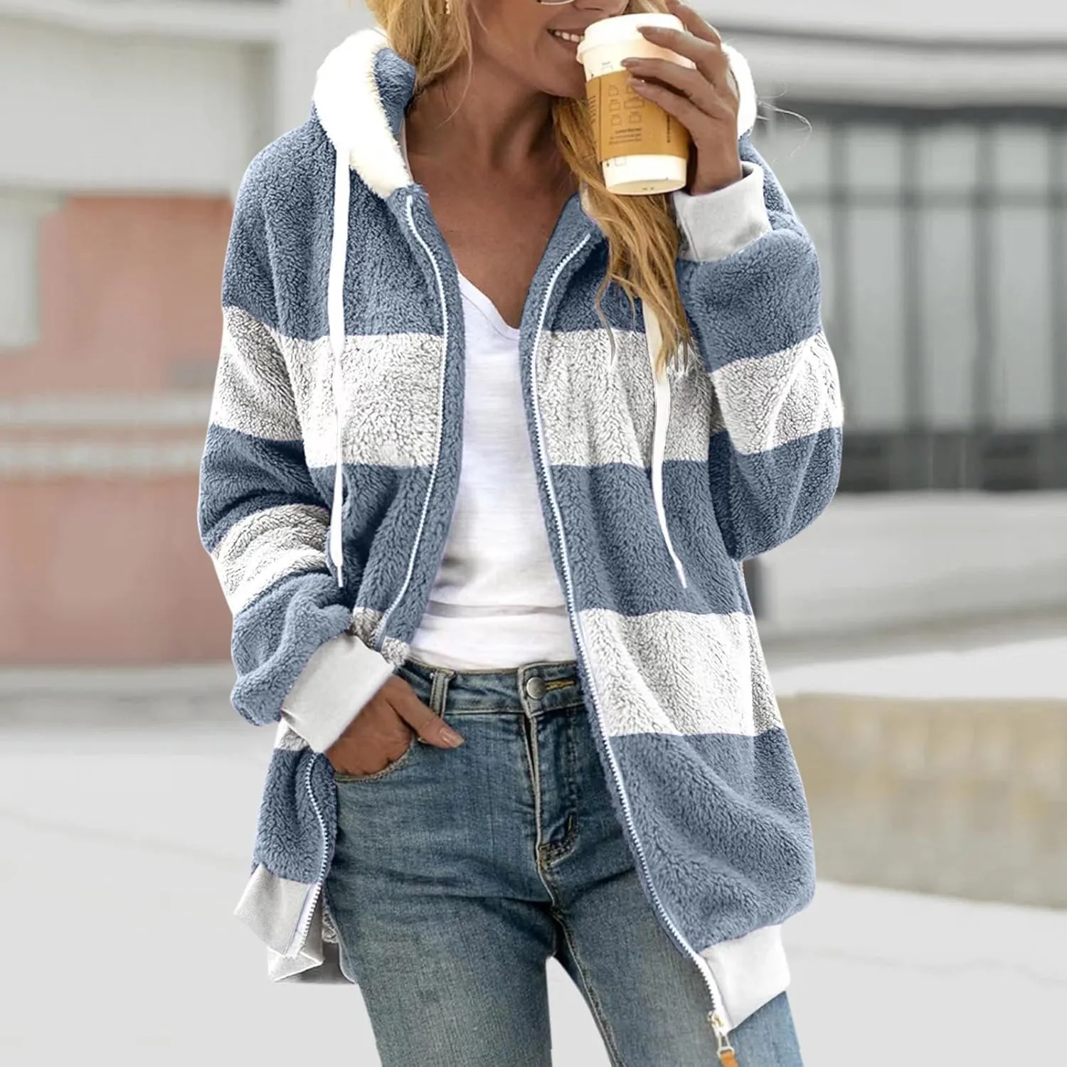 Ceboyel Teddy Coat For Women Hooded Fuzzy Sherpa Jacket Fleece Drawstring Zip Up Hoodie 2023 Trendy Winter Outerwear Clothes