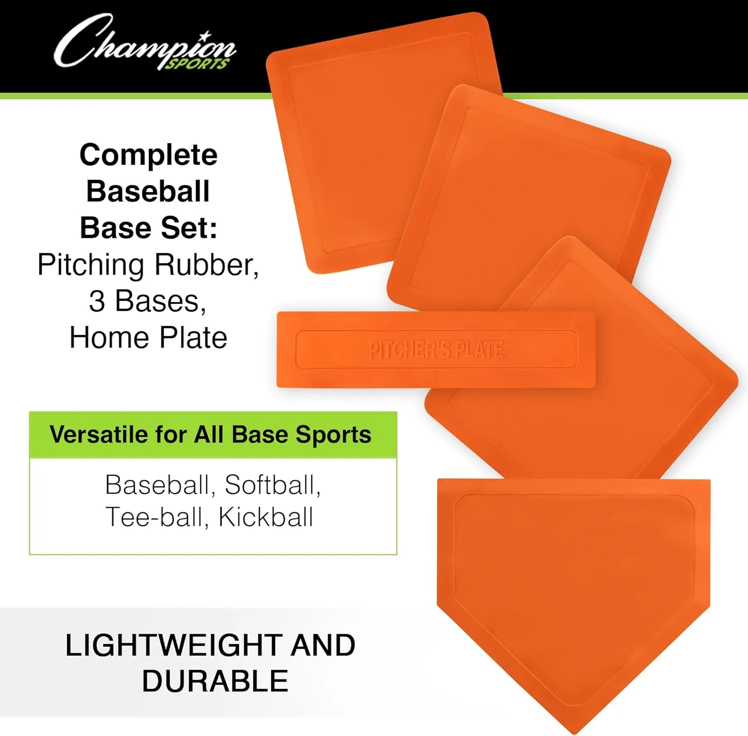 Champion Sports Throwdown Base Set: 5 Youth League Kids Baseball & Softball Rubber Throw Down Bases - Boys & Girls Training & Practice Equipment, Orange