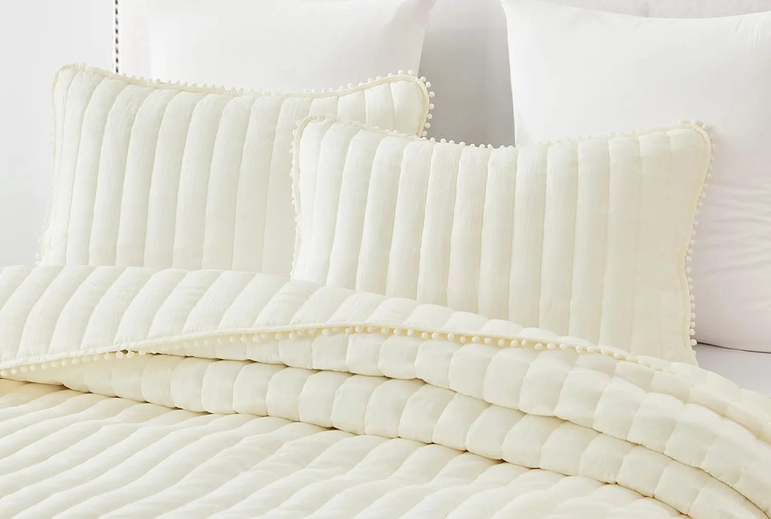 Chezmoi Collection Iris 3-Piece Ivory Pom Pom Quilt Set - Ball Fringe Channel Stitch Quilted Bedspread, Washed Microfiber Coverlet, Queen Size
