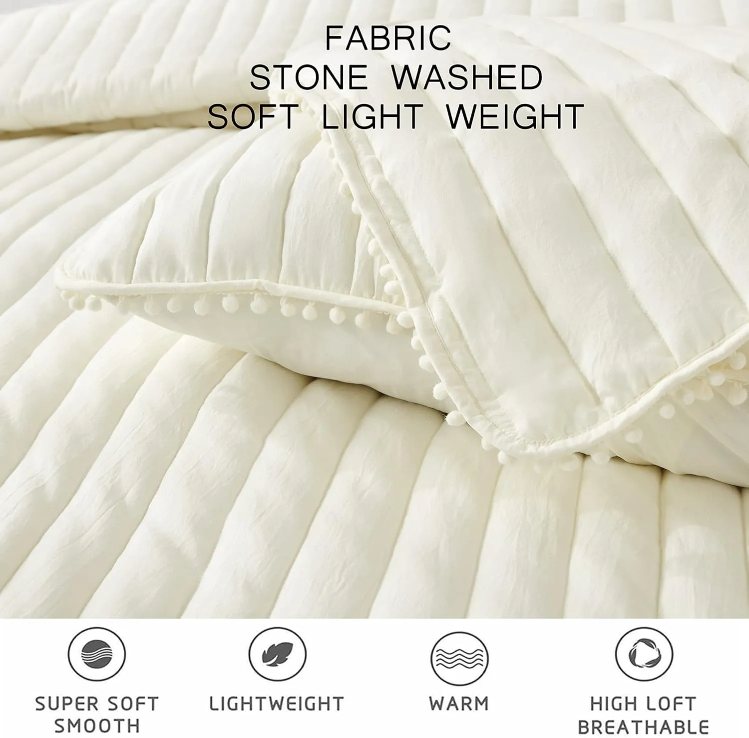 Chezmoi Collection Iris 3-Piece Ivory Pom Pom Quilt Set - Ball Fringe Channel Stitch Quilted Bedspread, Washed Microfiber Coverlet, Queen Size