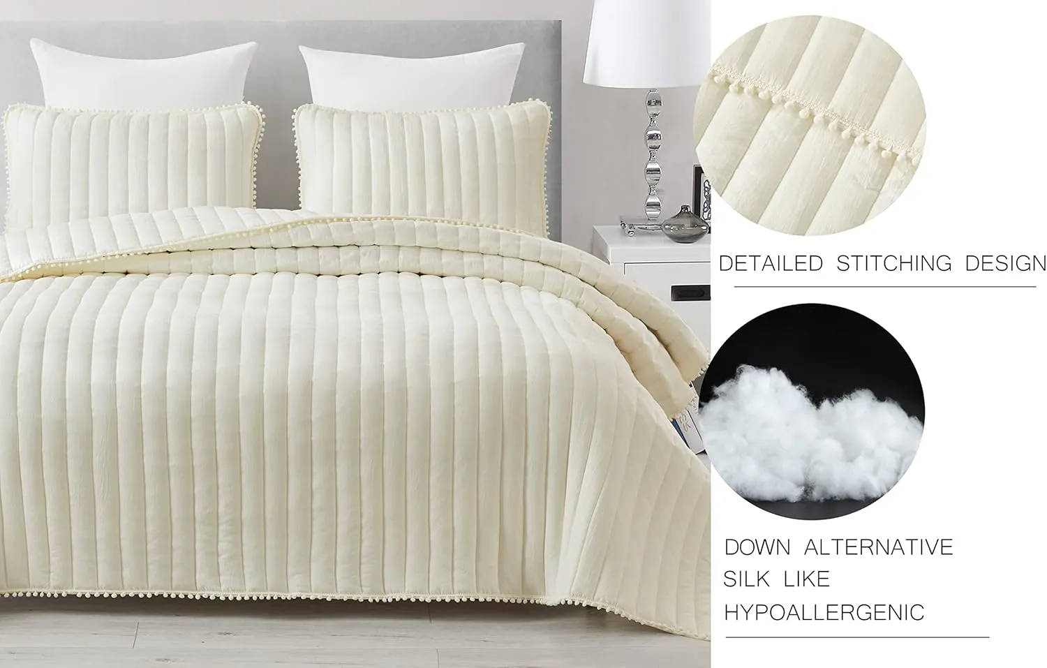Chezmoi Collection Iris 3-Piece Ivory Pom Pom Quilt Set - Ball Fringe Channel Stitch Quilted Bedspread, Washed Microfiber Coverlet, Queen Size