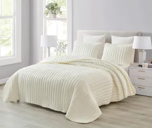 Chezmoi Collection Iris 3-Piece Ivory Pom Pom Quilt Set - Ball Fringe Channel Stitch Quilted Bedspread, Washed Microfiber Coverlet, Queen Size