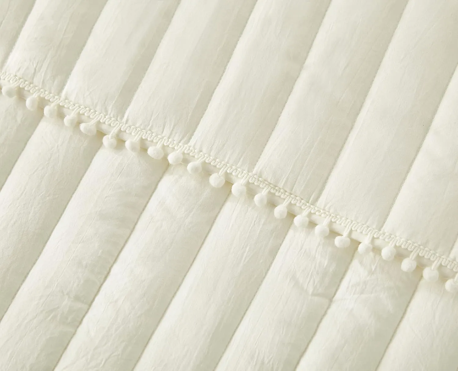 Chezmoi Collection Iris 3-Piece Ivory Pom Pom Quilt Set - Ball Fringe Channel Stitch Quilted Bedspread, Washed Microfiber Coverlet, Queen Size