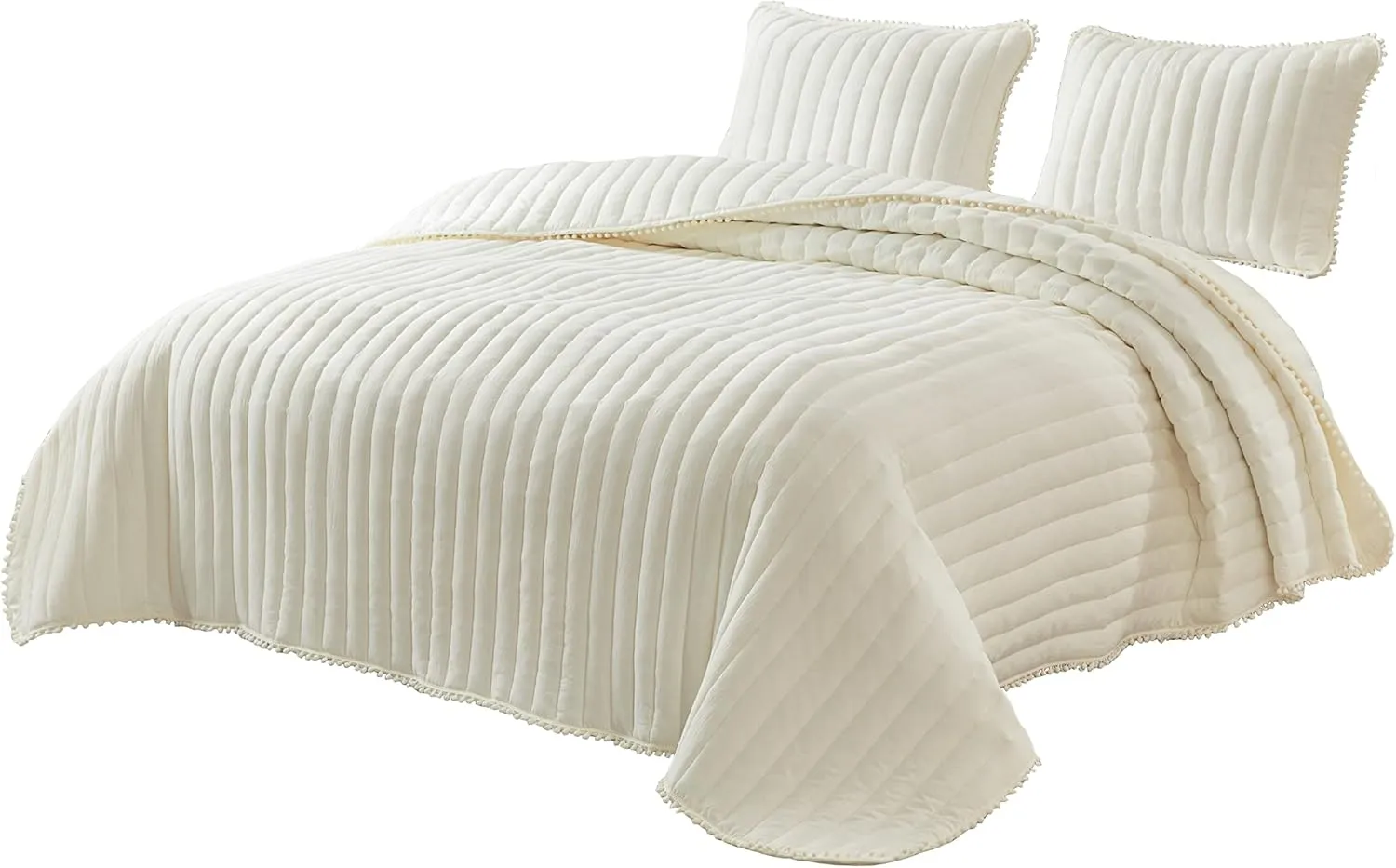 Chezmoi Collection Iris 3-Piece Ivory Pom Pom Quilt Set - Ball Fringe Channel Stitch Quilted Bedspread, Washed Microfiber Coverlet, Queen Size
