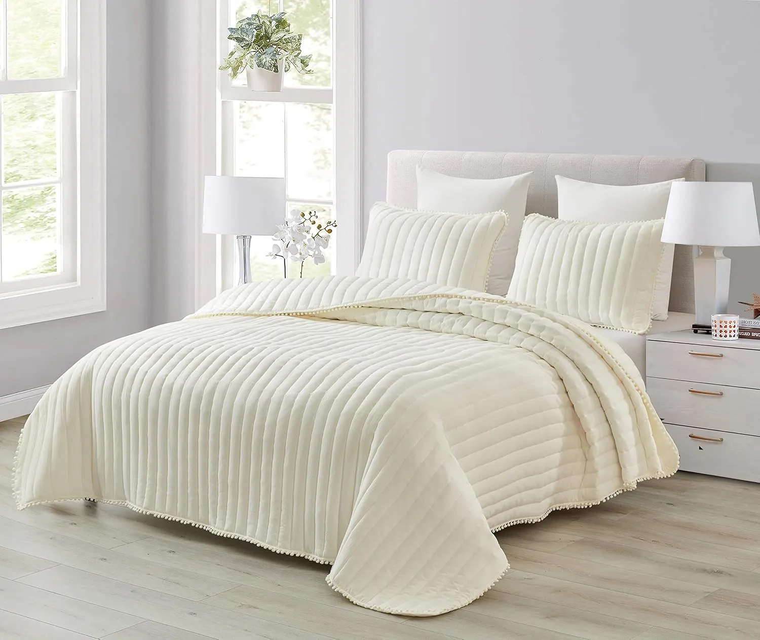 Chezmoi Collection Iris 3-Piece Ivory Pom Pom Quilt Set - Ball Fringe Channel Stitch Quilted Bedspread, Washed Microfiber Coverlet, Queen Size