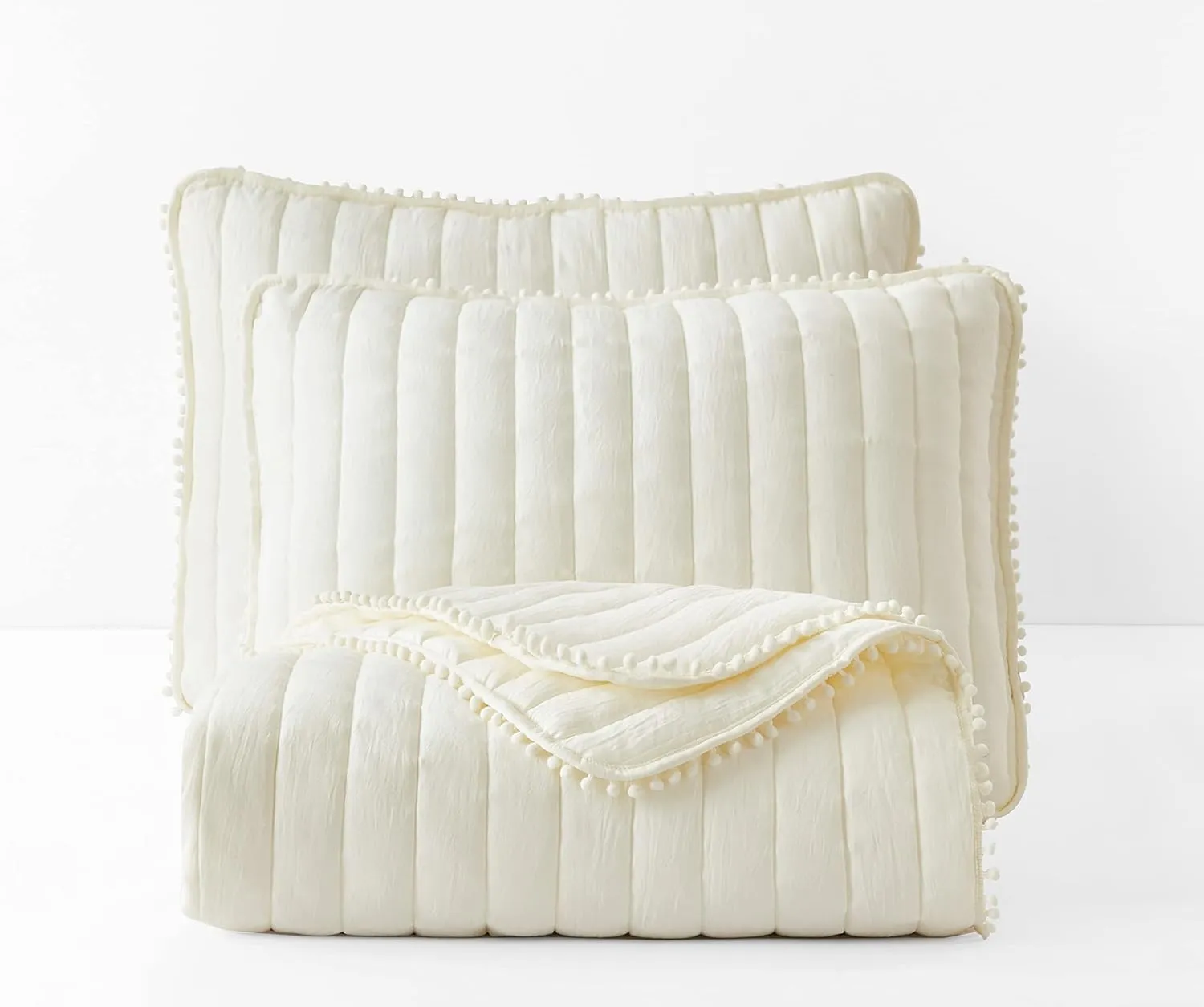 Chezmoi Collection Iris 3-Piece Ivory Pom Pom Quilt Set - Ball Fringe Channel Stitch Quilted Bedspread, Washed Microfiber Coverlet, Queen Size