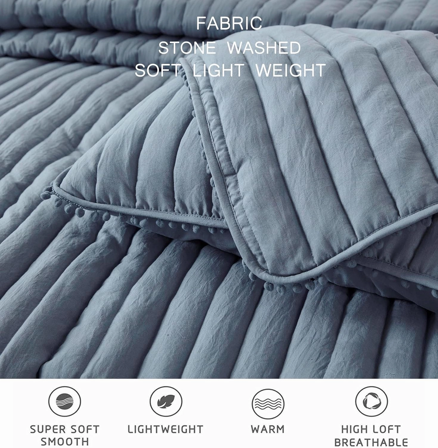 Chezmoi Collection Iris 3-Piece Dusty Blue Pom Pom Quilt Set - Ball Fringe Channel Stitch Quilted Bedspread, Washed Microfiber Coverlet, King Size