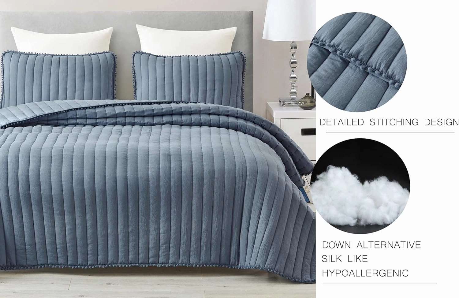 Chezmoi Collection Iris 3-Piece Dusty Blue Pom Pom Quilt Set - Ball Fringe Channel Stitch Quilted Bedspread, Washed Microfiber Coverlet, King Size