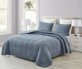 Chezmoi Collection Iris 3-Piece Dusty Blue Pom Pom Quilt Set - Ball Fringe Channel Stitch Quilted Bedspread, Washed Microfiber Coverlet, King Size