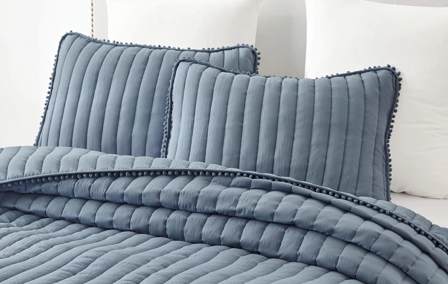 Chezmoi Collection Iris 3-Piece Dusty Blue Pom Pom Quilt Set - Ball Fringe Channel Stitch Quilted Bedspread, Washed Microfiber Coverlet, King Size