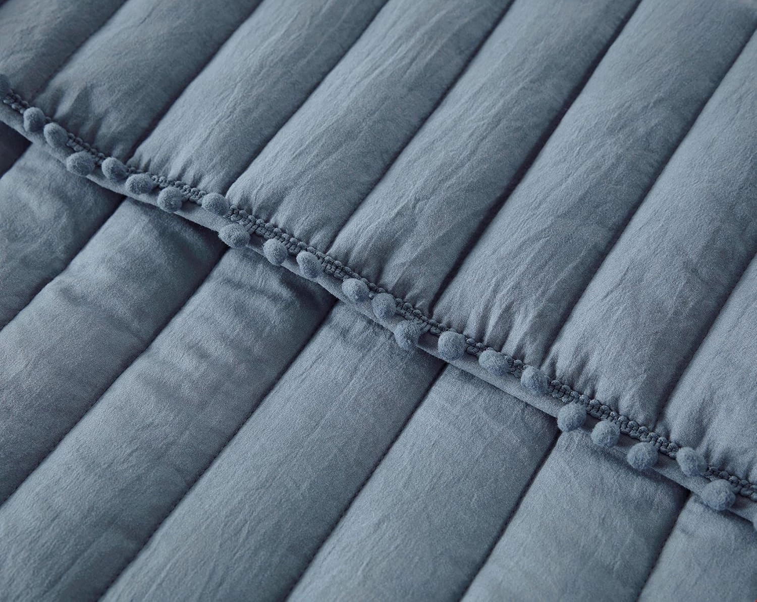Chezmoi Collection Iris 3-Piece Dusty Blue Pom Pom Quilt Set - Ball Fringe Channel Stitch Quilted Bedspread, Washed Microfiber Coverlet, King Size