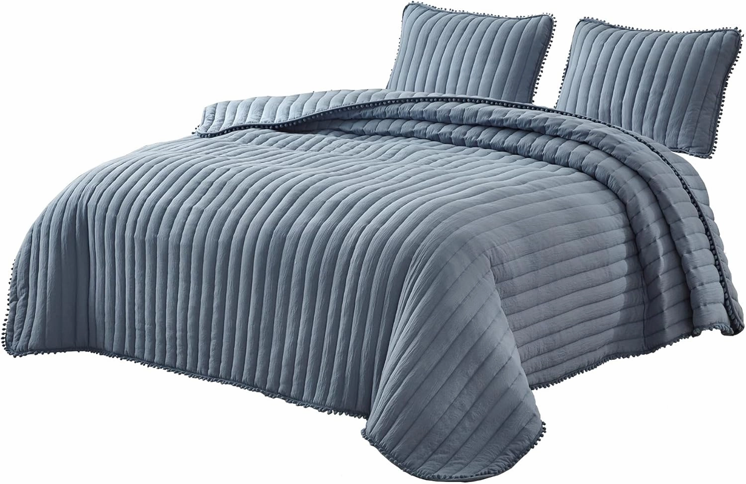 Chezmoi Collection Iris 3-Piece Dusty Blue Pom Pom Quilt Set - Ball Fringe Channel Stitch Quilted Bedspread, Washed Microfiber Coverlet, King Size