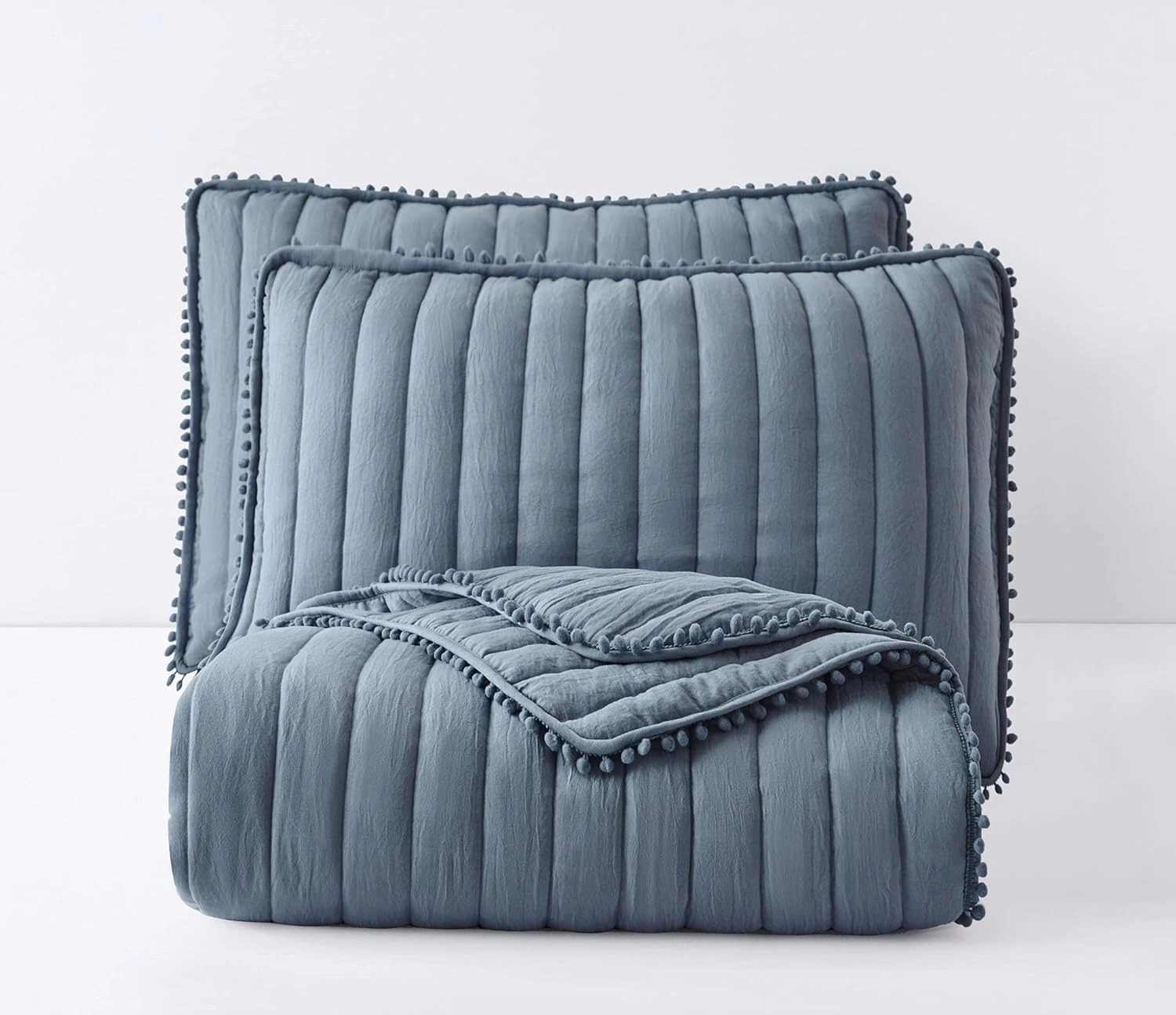 Chezmoi Collection Iris 3-Piece Dusty Blue Pom Pom Quilt Set - Ball Fringe Channel Stitch Quilted Bedspread, Washed Microfiber Coverlet, King Size