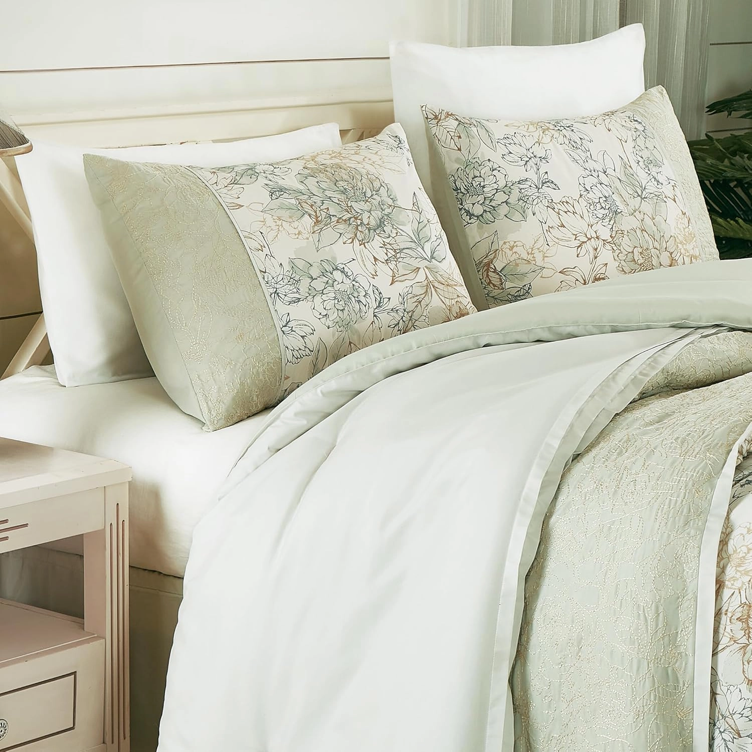 Chezmoi Collection Rosaline 7-Piece Floral Botanical Comforter Set Queen - Floral Embroidery Soft Green Gray Floral Printed Lightweight Bedding Set