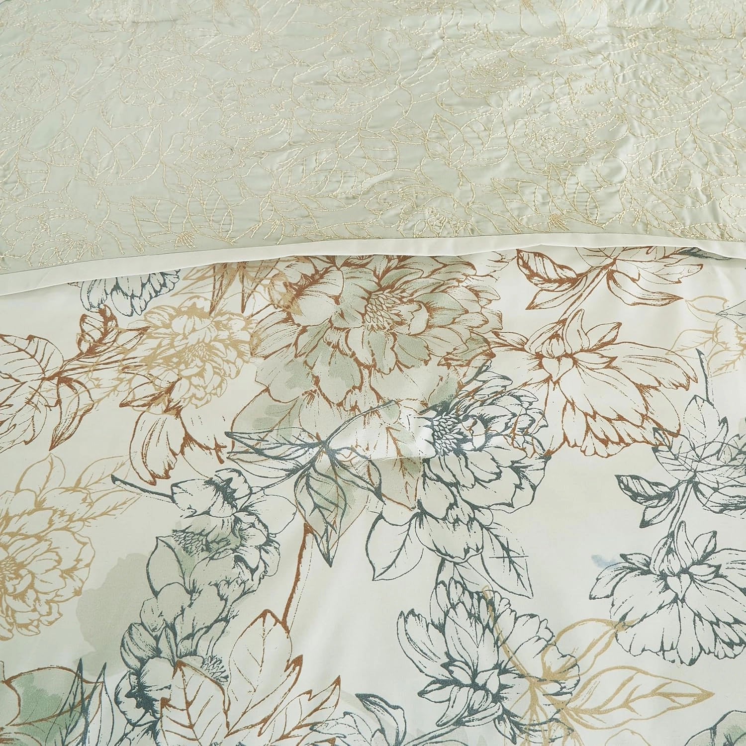 Chezmoi Collection Rosaline 7-Piece Floral Botanical Comforter Set Queen - Floral Embroidery Soft Green Gray Floral Printed Lightweight Bedding Set