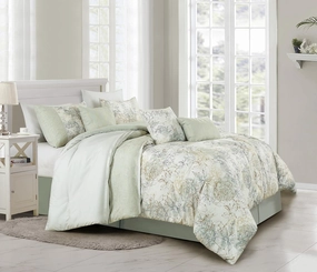 Chezmoi Collection Rosaline 7-Piece Floral Botanical Comforter Set Queen - Floral Embroidery Soft Green Gray Floral Printed Lightweight Bedding Set