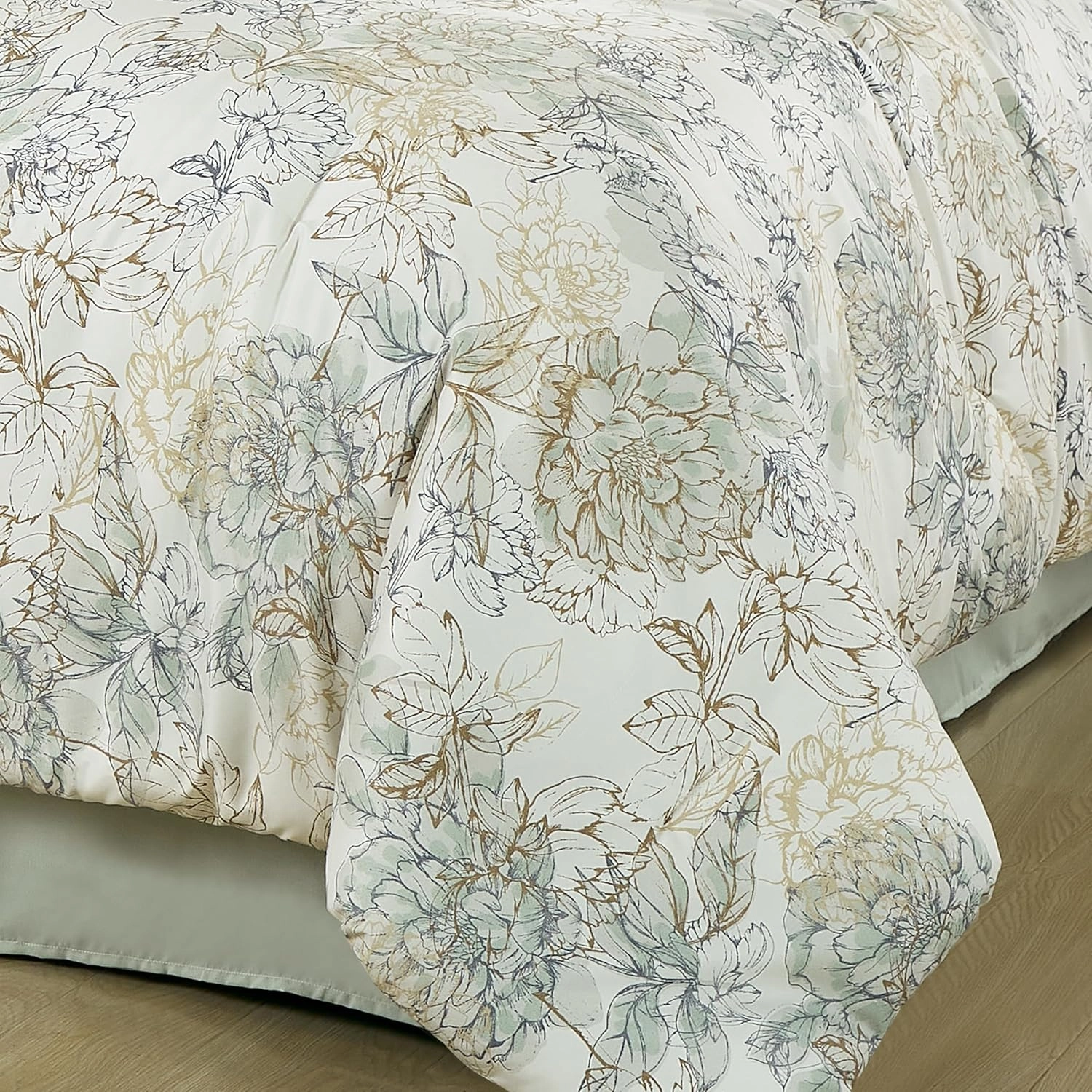 Chezmoi Collection Rosaline 7-Piece Floral Botanical Comforter Set Queen - Floral Embroidery Soft Green Gray Floral Printed Lightweight Bedding Set