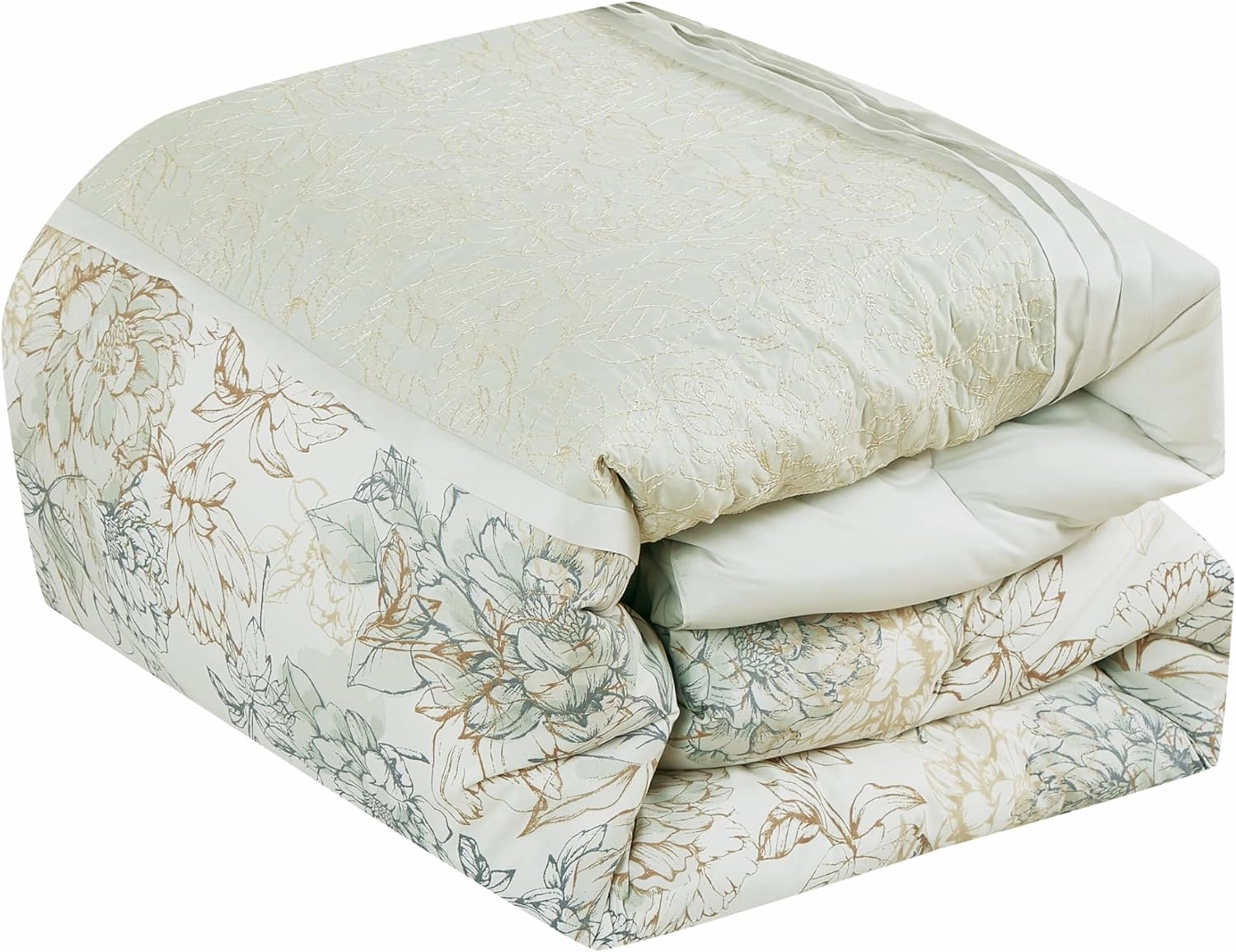 Chezmoi Collection Rosaline 7-Piece Floral Botanical Comforter Set Queen - Floral Embroidery Soft Green Gray Floral Printed Lightweight Bedding Set
