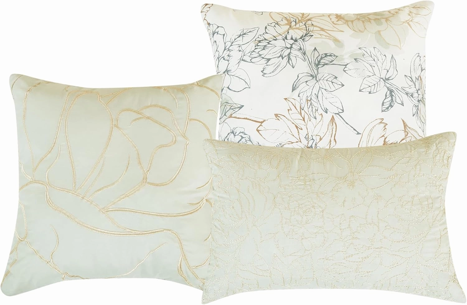 Chezmoi Collection Rosaline 7-Piece Floral Botanical Comforter Set Queen - Floral Embroidery Soft Green Gray Floral Printed Lightweight Bedding Set