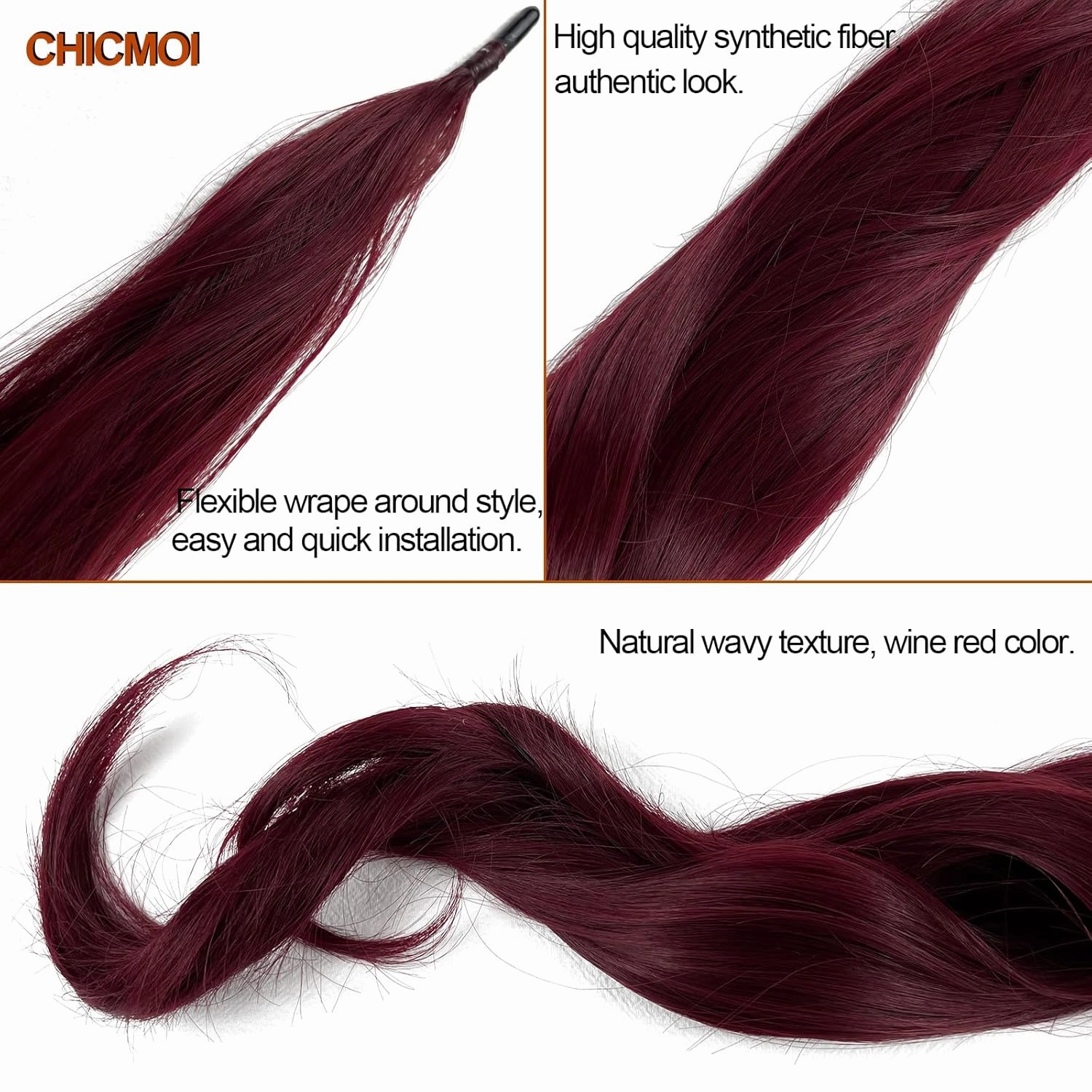 Chicmoi Burgundy Ponytail Extainson 32 Inch Flexible Wrap Around Ponytail Hair Extension Long Wavy Pony Tails hair Extension Wine Red Synthetic Hairpieces For Women and Girls