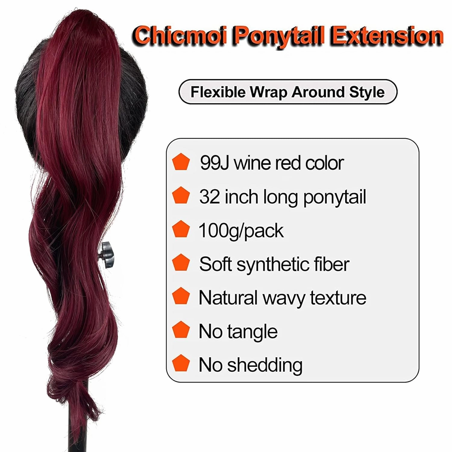 Chicmoi Burgundy Ponytail Extainson 32 Inch Flexible Wrap Around Ponytail Hair Extension Long Wavy Pony Tails hair Extension Wine Red Synthetic Hairpieces For Women and Girls